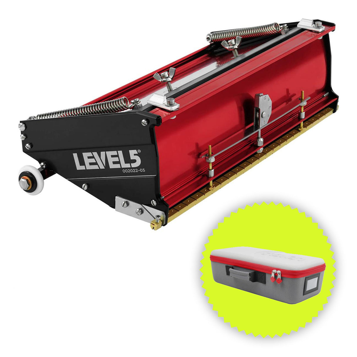 12-inch Level 5 Flat Box with red aluminum housing, black side panels, brass blade holder, and white rubber wheels with bonus carrying case