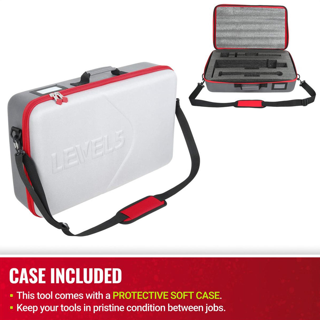 Level 5 soft case with a light and dark grey exterior, black shoulder strap, red zipper, and foam interior cutouts for a Level 5 compound pump