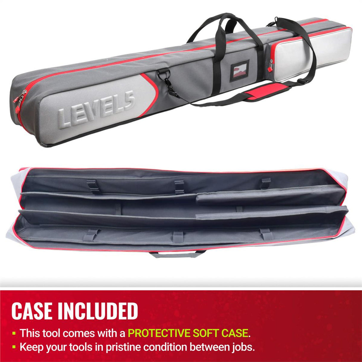 Level 5 soft case with a light and dark grey exterior and red zipper for Level 5 MiniShot