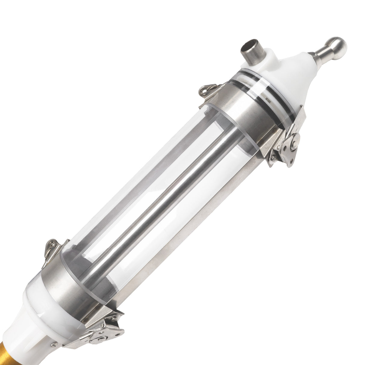 Close-up of TapeTech MR01TT MudRunner Pro head with clear gas-assisted compound tube and stainless steel components
