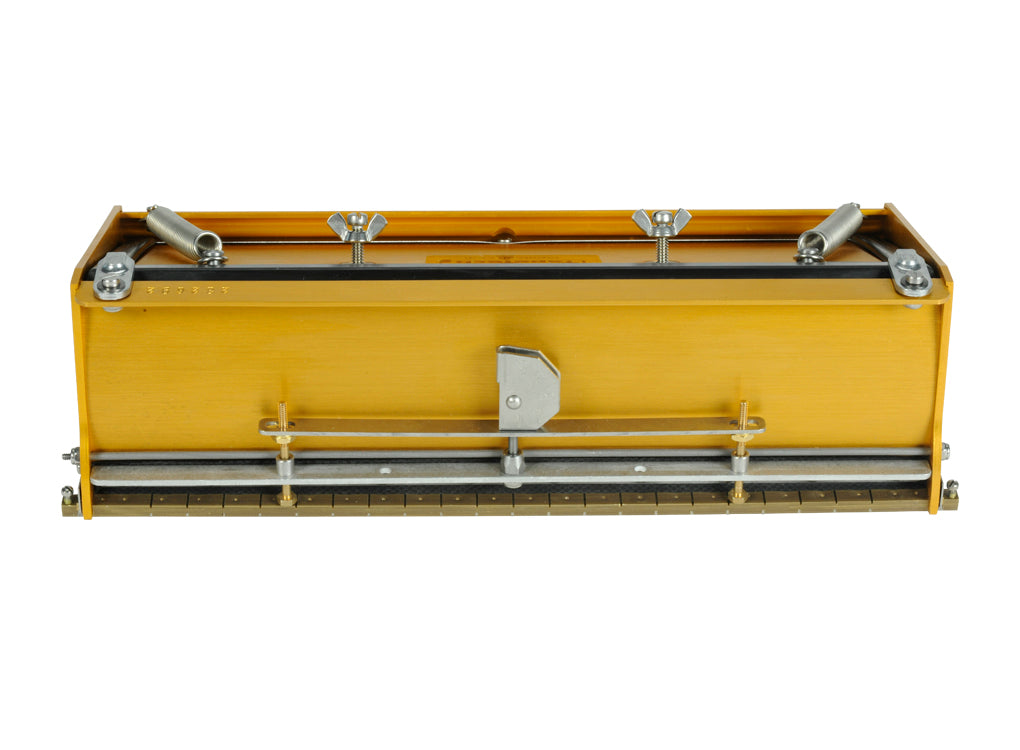 12-inch TapeTech EasyClean Finishing Box with gold aluminum body, brass blade holder, and crown control, front view