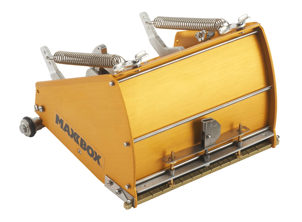 7-inch TapeTech Power Assist MAXXBOX Flat Box with gold aluminum body, brass blade holder, and crown control