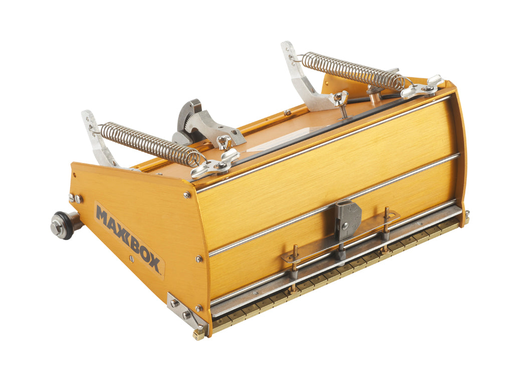 10-inch TapeTech Power Assist MAXXBOX Flat Box with gold aluminum body, brass blade holder, and crown control