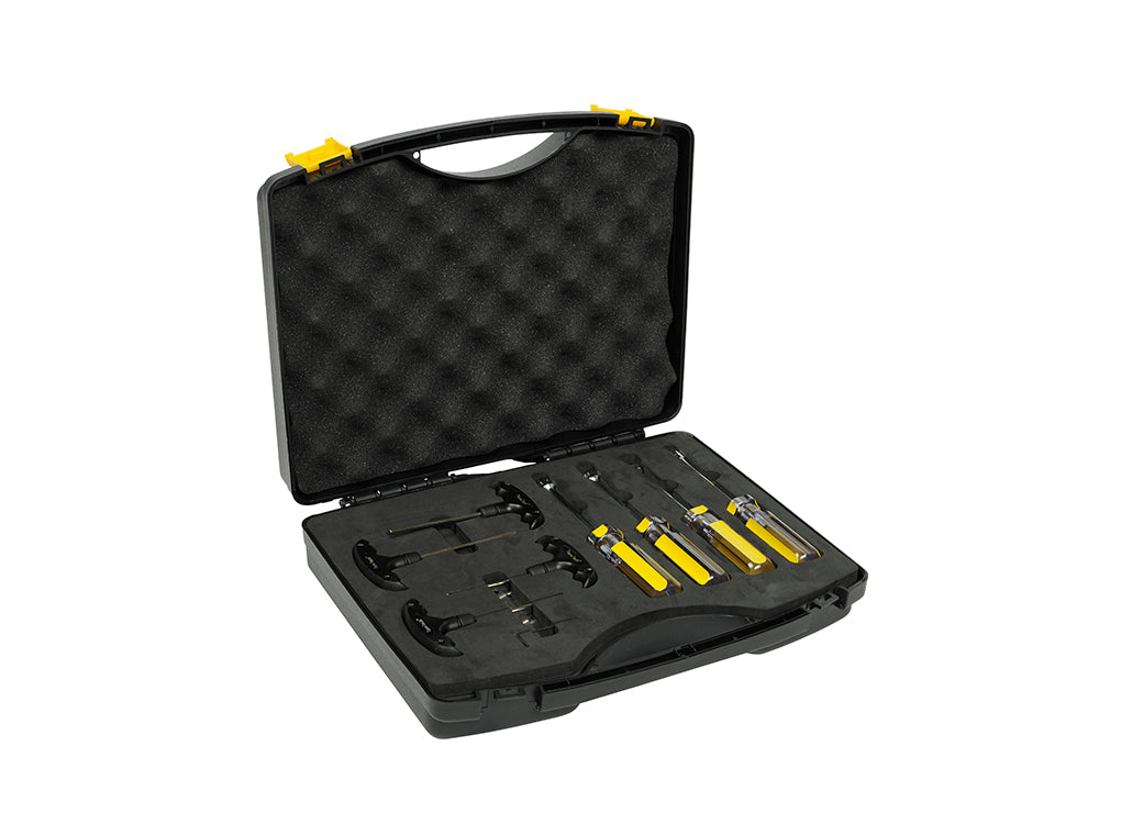 Open black TapeTech ATF Tool Maintenance Kit with foam cutouts, nut drivers, t-handle allen keys, and gauges