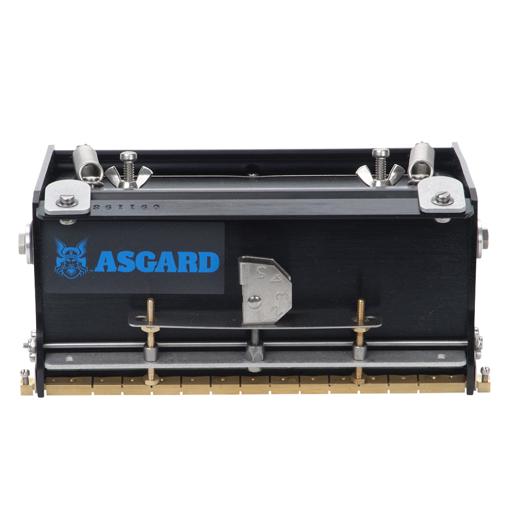 7-inch Asgard Finishing Box made with black anodized aluminum, brass blade holder, steel blade, adjustable crown, and wheels