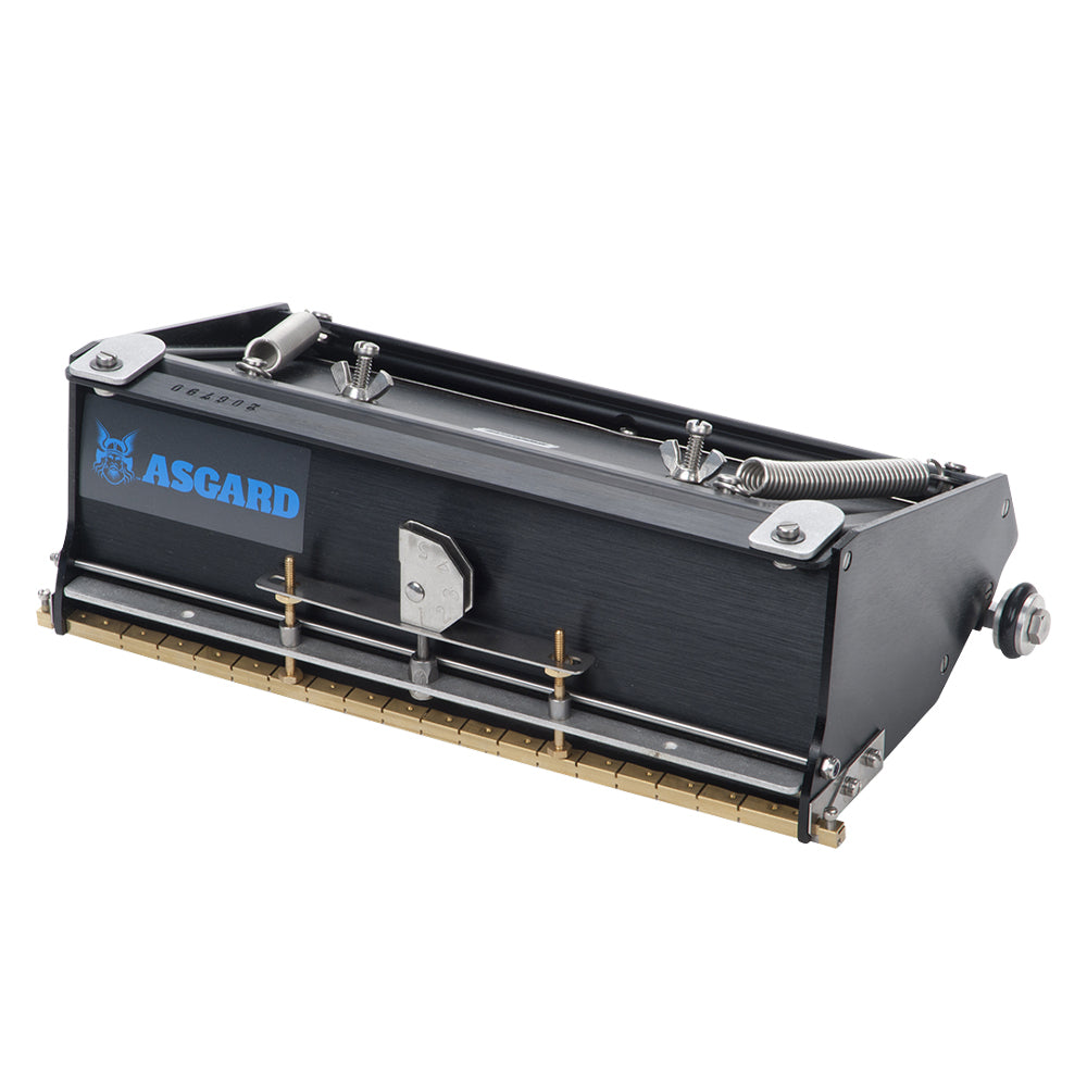 10-inch Asgard Finishing Box made with black anodized aluminum, brass blade holder, steel blade, adjustable crown, and wheels, left quarter view