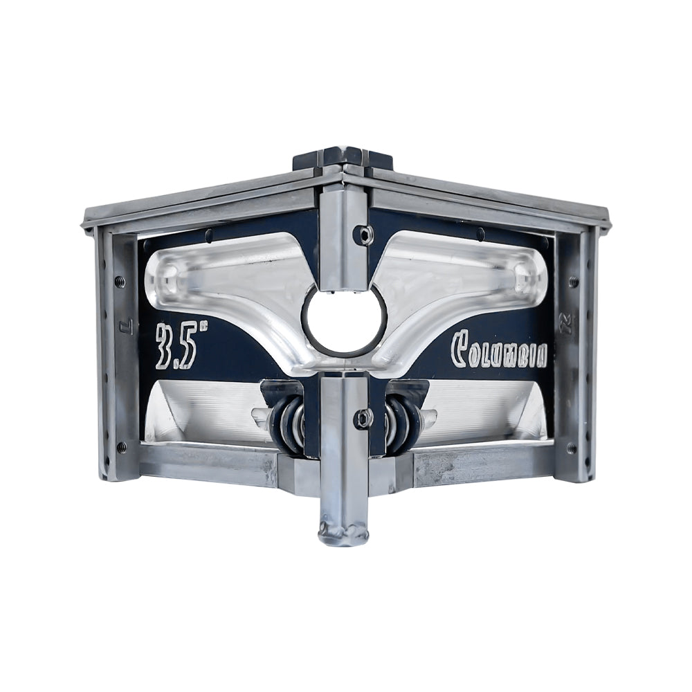 3.5-inch Columbia Angle Head in anodized gunmetal grey, made from solid billet aluminum with stainless steel wings and a black painted body, front view