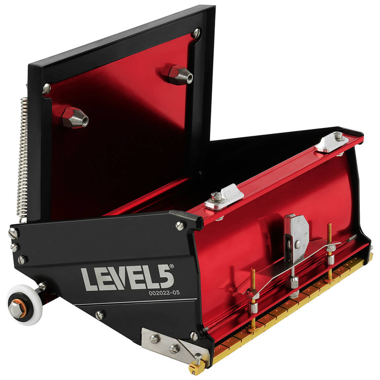 Open 7-inch Level 5 Flat Box with red aluminum housing, black side panels, brass blade holder, and white rubber wheels