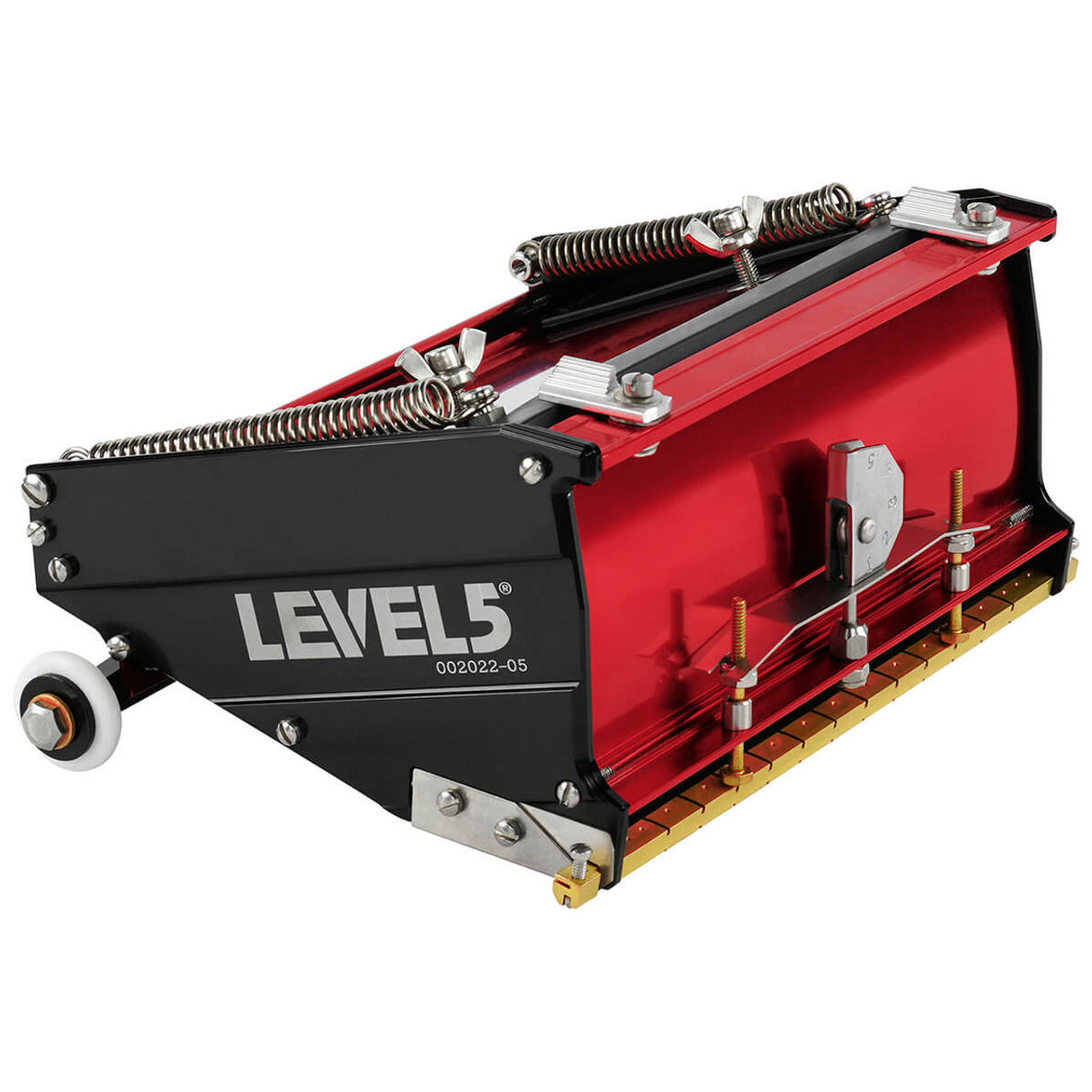 7-inch Level 5 Flat Box with red aluminum housing, black side panels, brass blade holder, and white rubber wheels