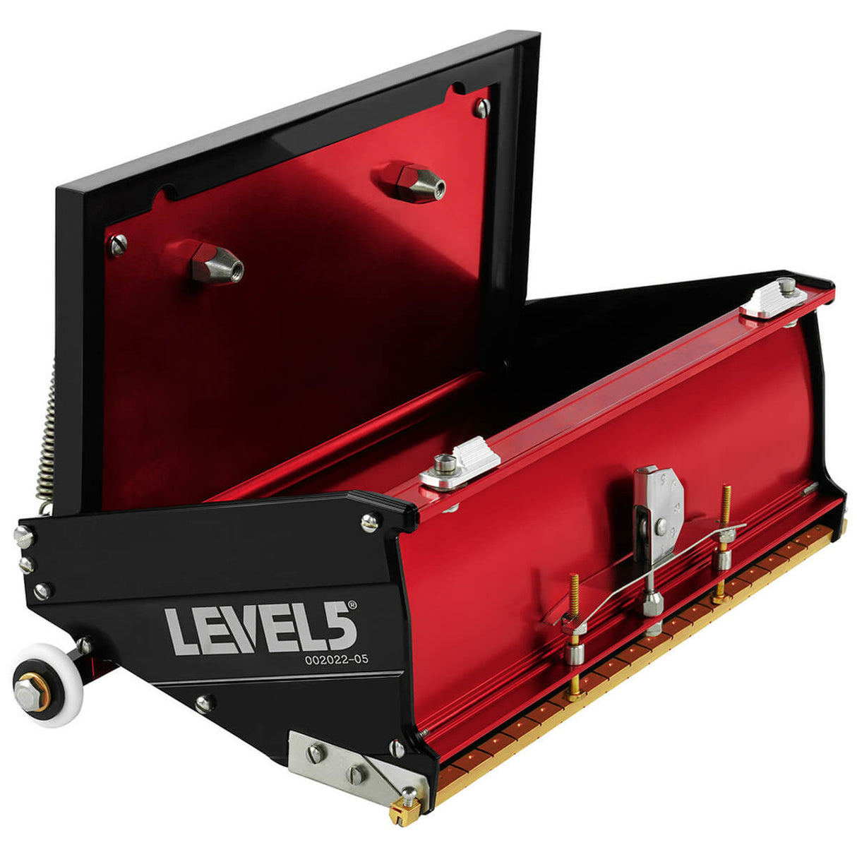 Open 10-inch Level 5 Flat Box with red aluminum housing, black side panels, brass blade holder, and white rubber wheels