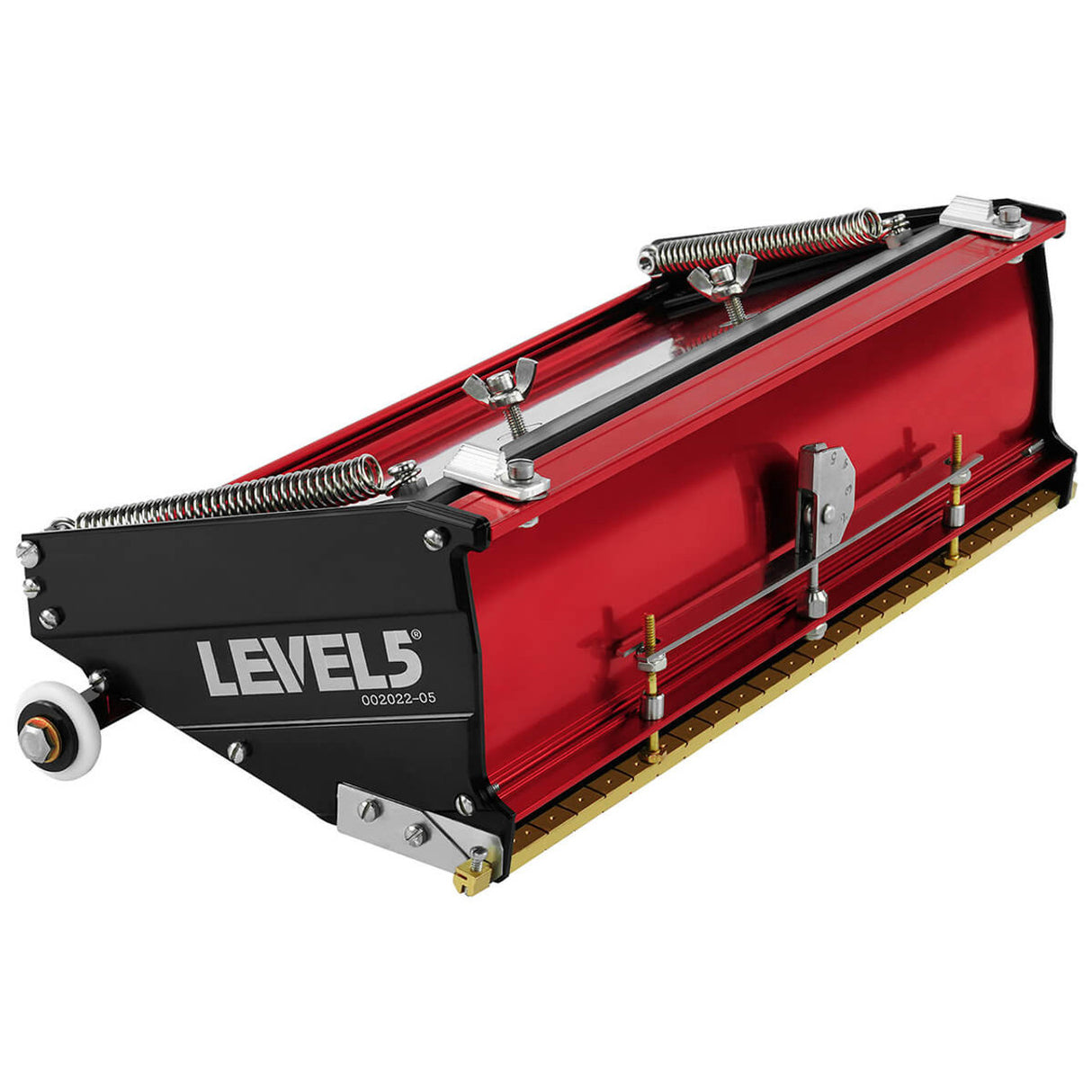 12-inch Level 5 Flat Box with red aluminum housing, black side panels, brass blade holder, and white rubber wheels