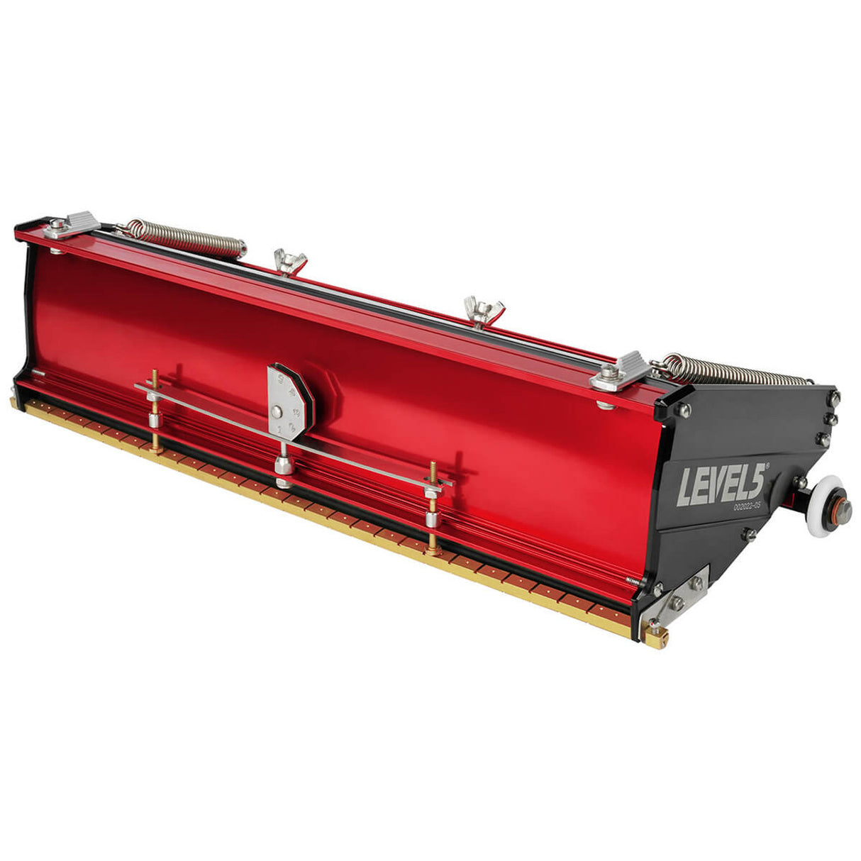 14-inch Level 5 Flat Box with red aluminum housing, black side panels, brass blade holder, and white rubber wheels, right side