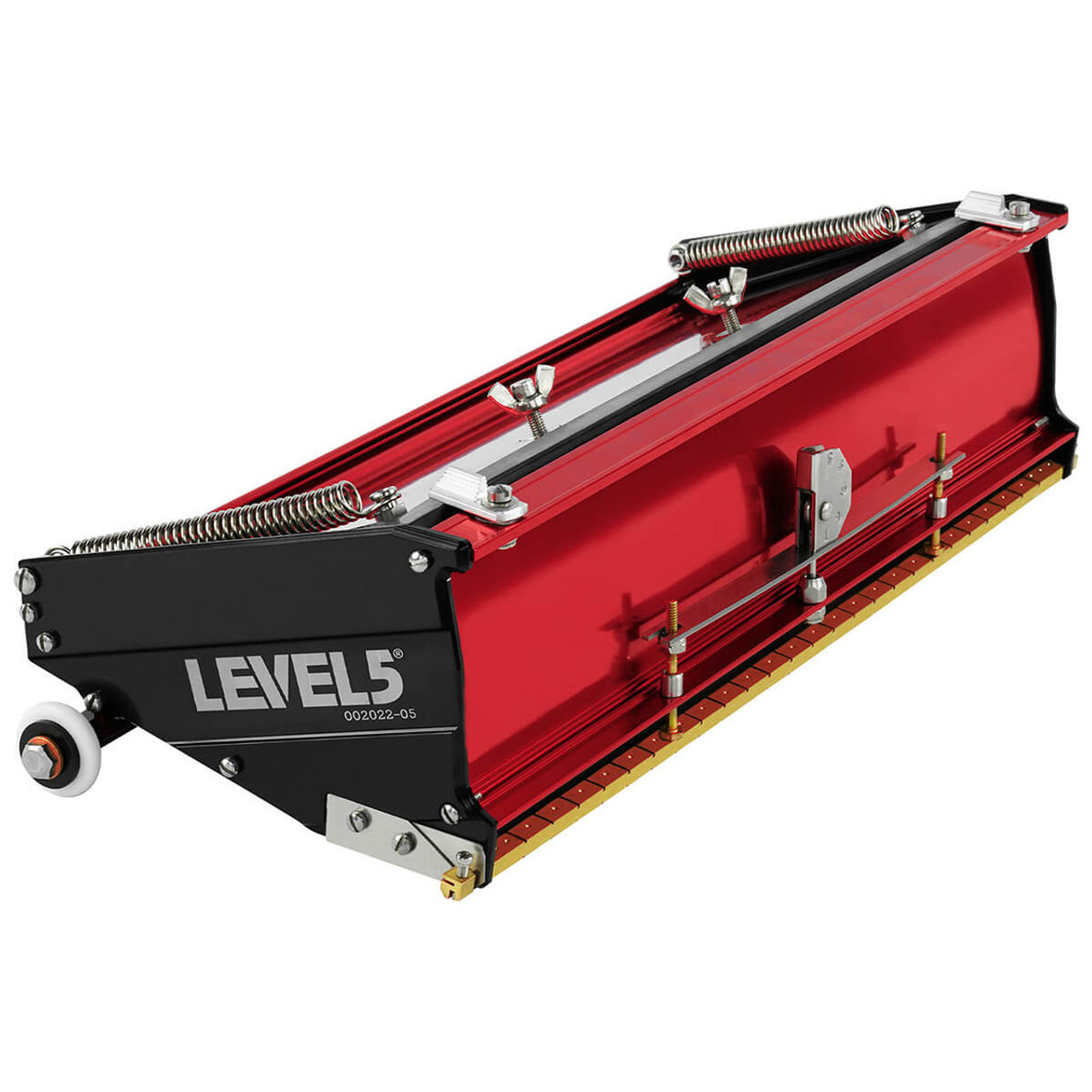 14-inch Level 5 Flat Box with red aluminum housing, black side panels, brass blade holder, and white rubber wheels