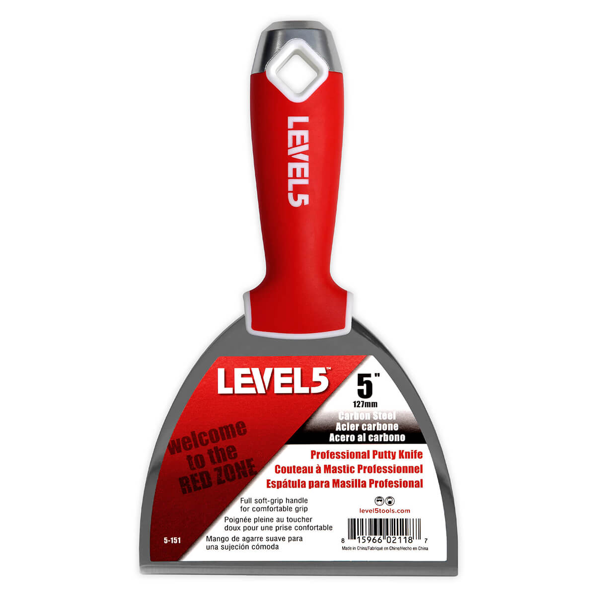 5-inch Level 5 Carbon Steel Joint Knife with carbon steel blade, red soft-grip handle, metal hammer end, and hang hole