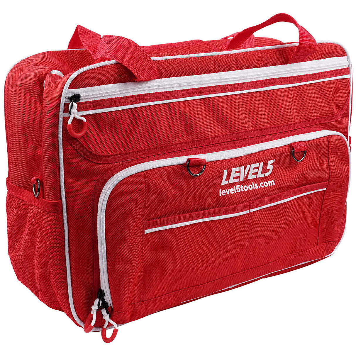 20-inch red Level 5 Duffel Tool Bag with zipper side pockets, mesh side pockets, and white zipper, quarter view