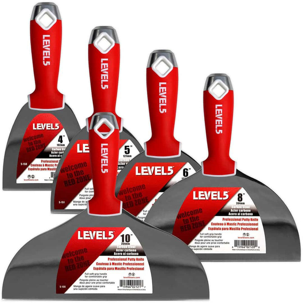 Level 5 carbon steel hand tool set including 4-inch, 5-inch, 6-inch, 8-inch, and 10-inch joint knives with red soft-grip handles