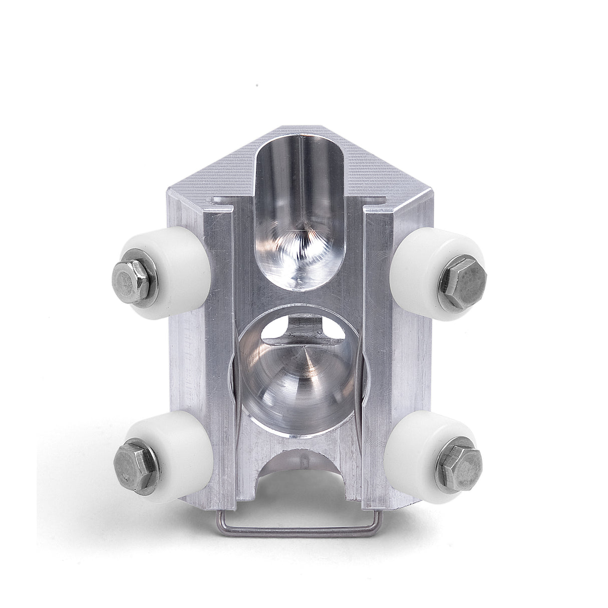 Columbia Interal 90-Degree Applicator with billet aluminum body, stainless steel skids, and 4 white plastic wheels, back view