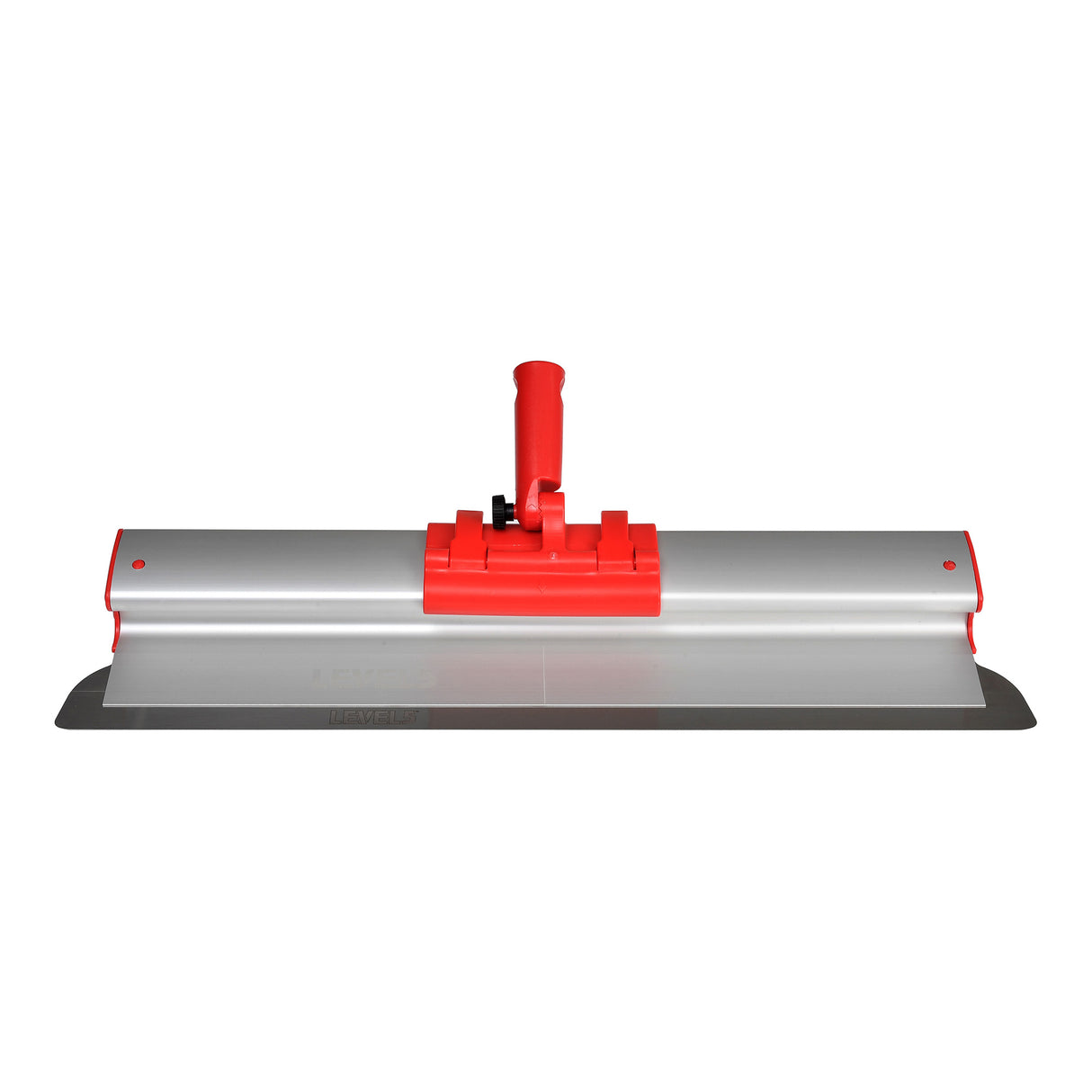 Close-up of Level 5 Skimming Blade with a steel blade, red end caps, and a grey plastic body attached to a red extendable handle