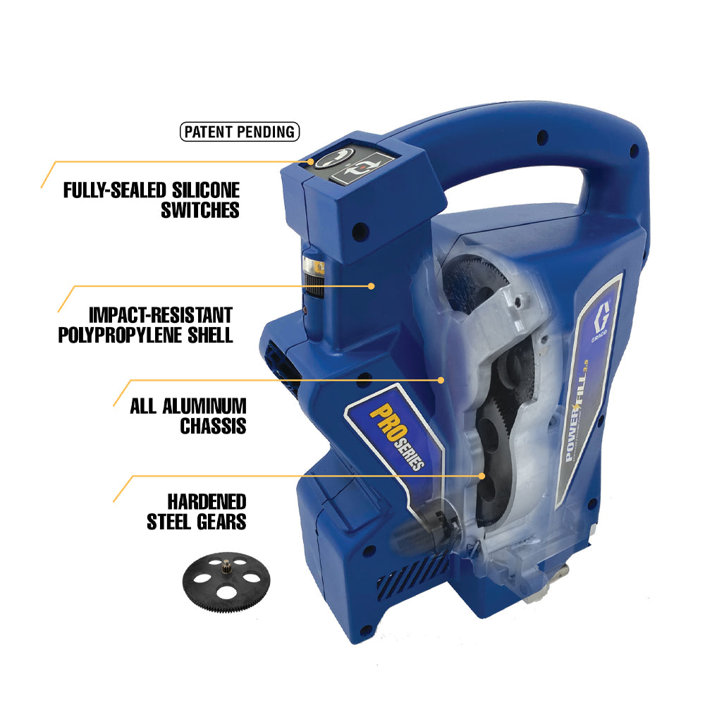 Blue PowerFill powerhead with black silicone switches, and black steel gears