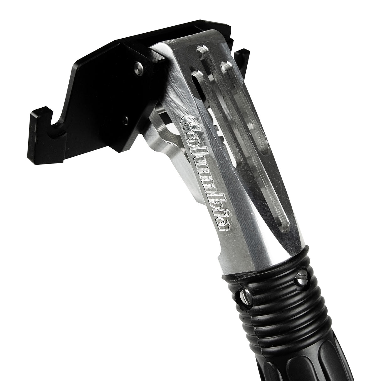Close-up of Columbia Matrix Box Handle made of billet aluminum with rubber grip handle