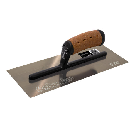 12-inch Pro Flex Columbia Flat Blade Finishing Trowel with rounded corners, brown stainless steel blade, black aluminum high-alloy bar, and cork handle