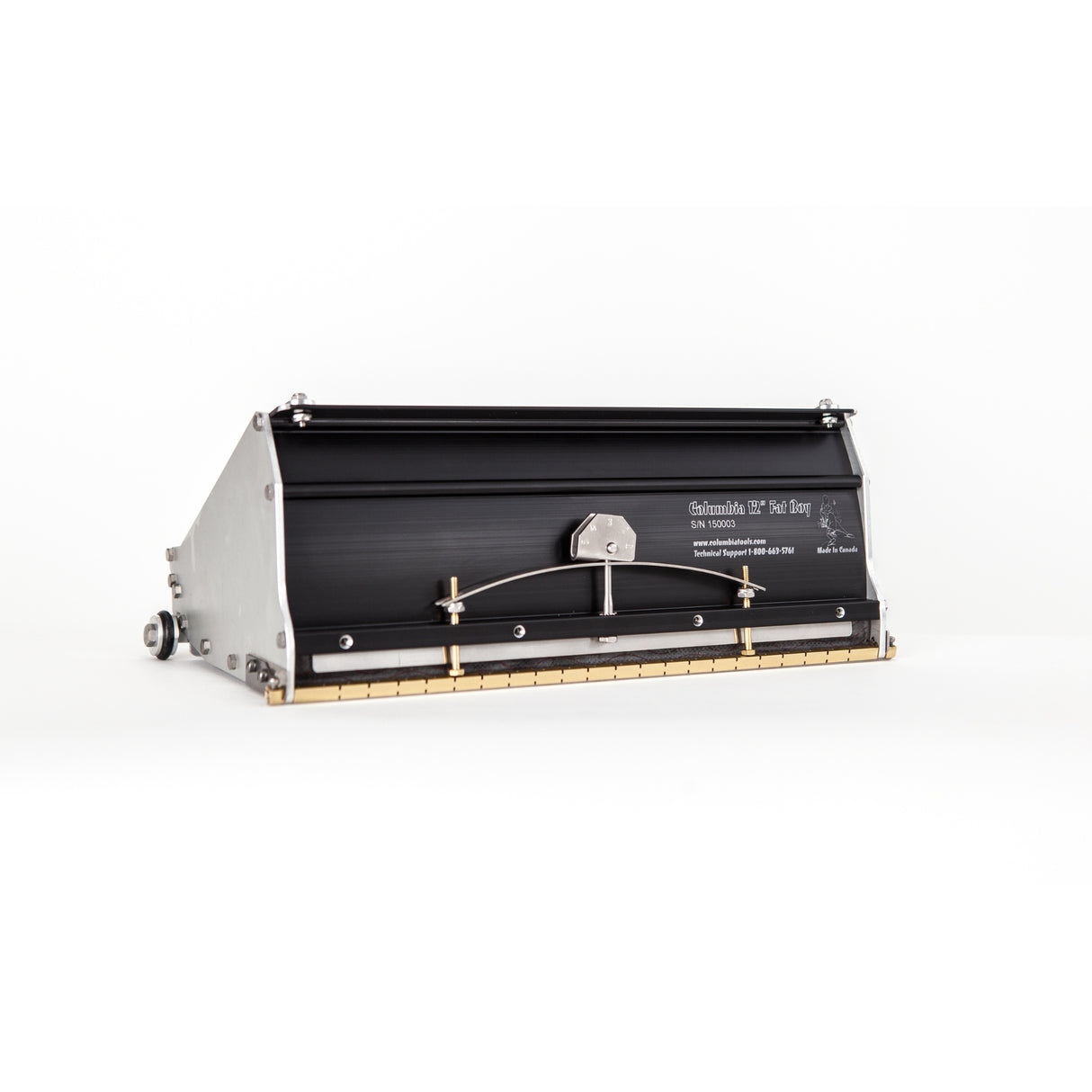 12-inch Columbia Fat Boy Finishing Box made from billet aluminum with a black painted finish, steel components, a brass blade holder, and wheels