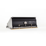 12-inch Columbia Fat Boy Finishing Box made from billet aluminum with a black painted finish, steel components, a brass blade holder, and wheels