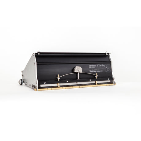 12-inch Columbia Fat Boy Finishing Box made from billet aluminum with a black painted finish, steel components, a brass blade holder, and wheels