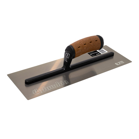 14-inch Pro Flex Columbia Flat Blade Finishing Trowel with rounded corners, brown stainless steel blade, black aluminum bar, and cork handle
