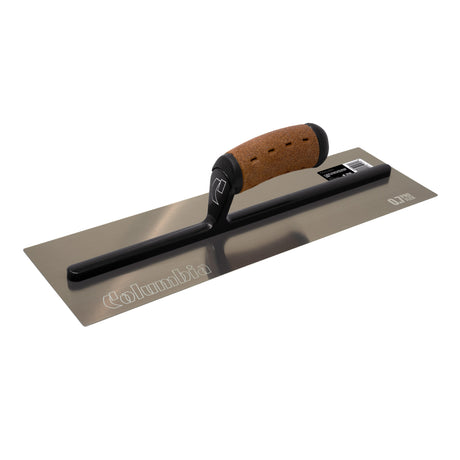 16-inch Pro Flex Columbia Flat Blade Finishing Trowel with rounded corners, brown stainless steel blade, black aluminum bar, and cork handle