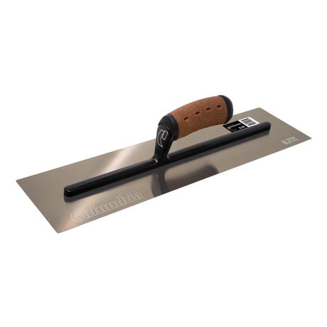 18-inch Pro Flex Columbia Flat Blade Finishing Trowel with rounded corners, brown stainless steel blade, black aluminum bar, and cork handle