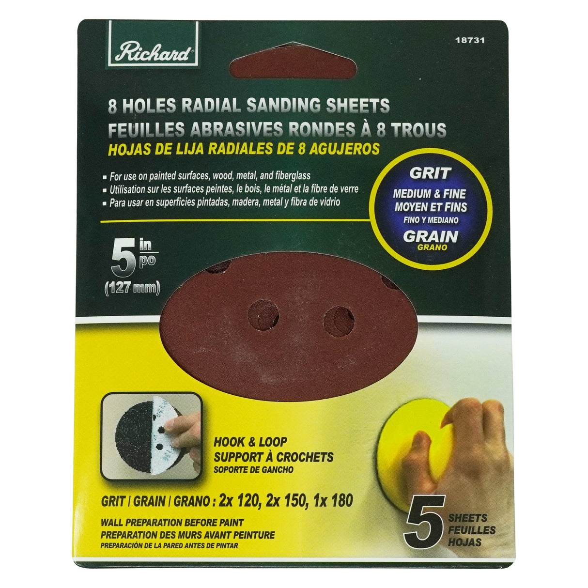 Hojas de lija radiales de grano mixto Richard de 5" con 8 agujeros (paquete de 5)