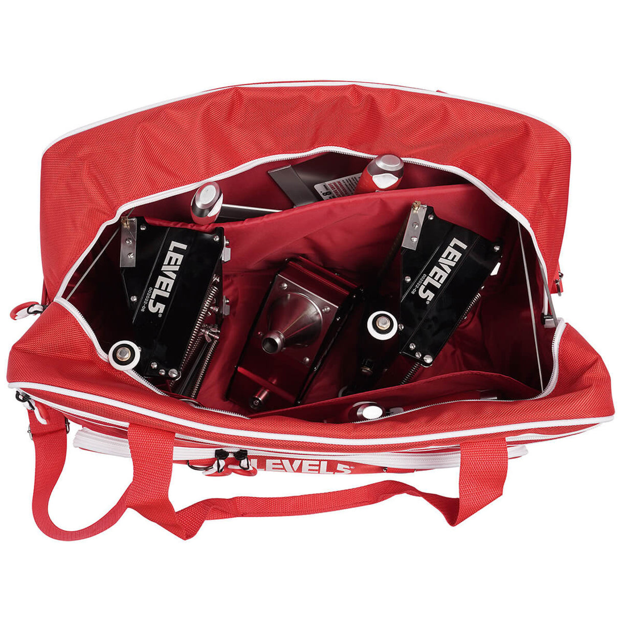 Open 20-inch red Level 5 Duffel Tool Bag with Level 5 automatic taping tools and hand tools inside, top view