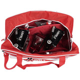 Open 20-inch red Level 5 Duffel Tool Bag with Level 5 automatic taping tools and hand tools inside, top view