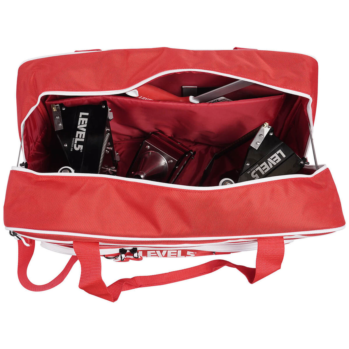 Open 20-inch red Level 5 Duffel Tool Bag with Level 5 automatic taping tools and hand tools inside, top view