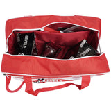 Open 20-inch red Level 5 Duffel Tool Bag with Level 5 automatic taping tools and hand tools inside, top view