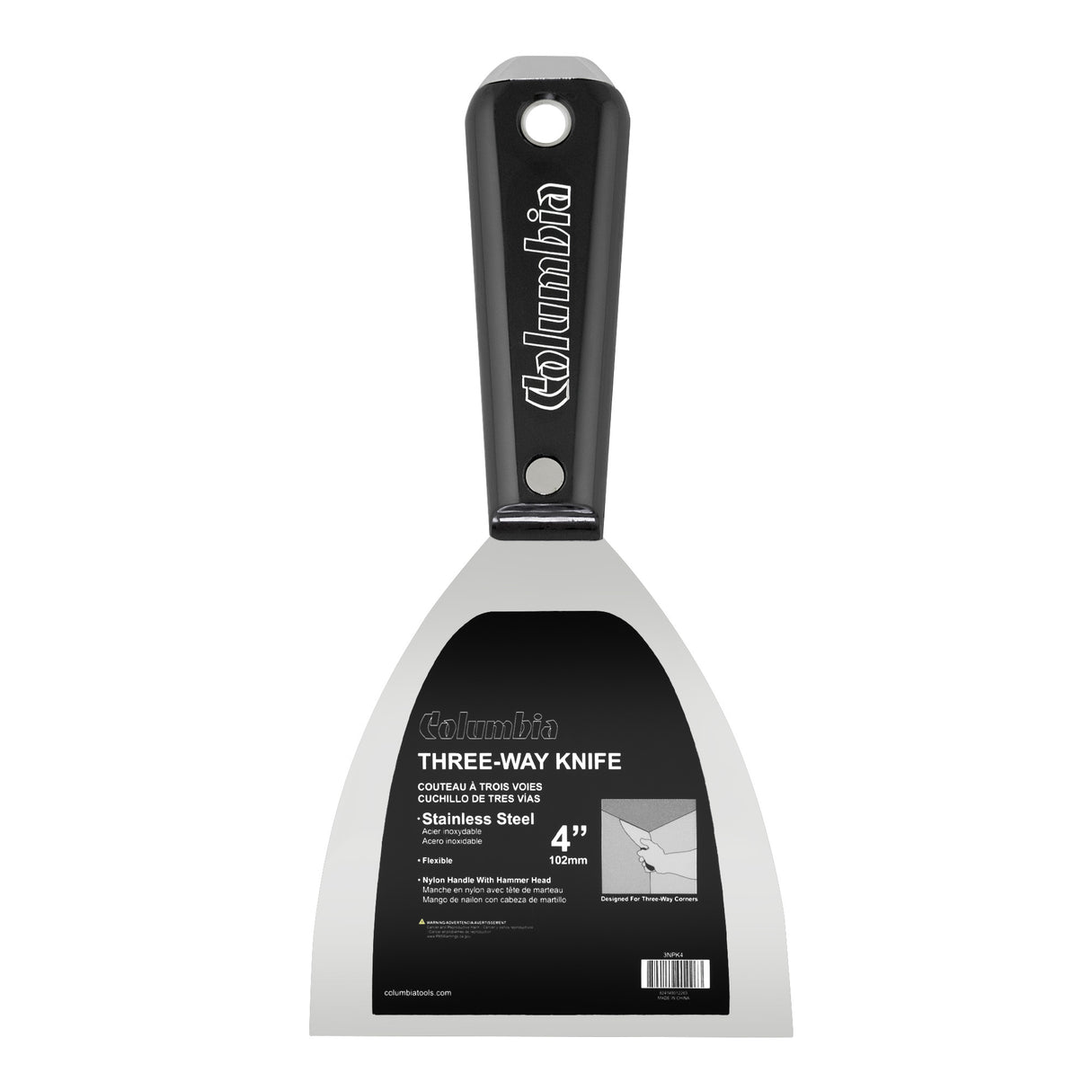 4-inch Columbia 3Way Putty Knife with stainless steel blade and black nylon handle