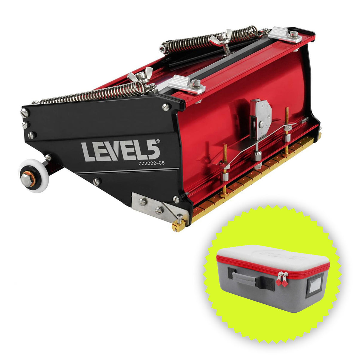7-inch Level 5 Flat Box with red aluminum housing, black side panels, brass blade holder, and white rubber wheels with bonus carrying case