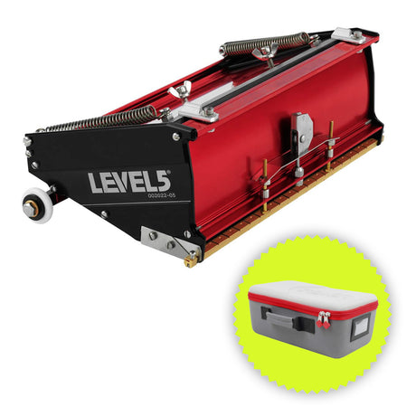 10-inch Level 5 Flat Box with red aluminum housing, black side panels, brass blade holder, and white rubber wheels with bonus carrying case