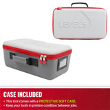 Level 5 soft case with a light and dark grey exterior and red zipper for Level 5 flat box