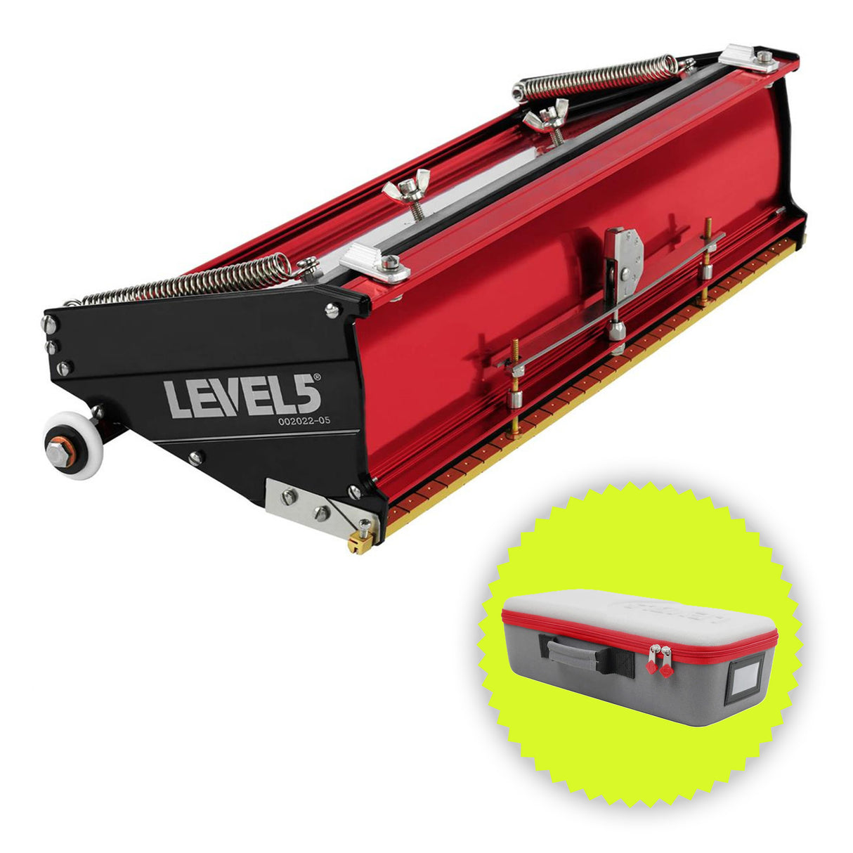 14-inch Level 5 Flat Box with red aluminum housing, black side panels, brass blade holder, and white rubber wheels with bonus carrying case