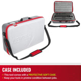 Level 5 soft case with a light and dark grey exterior, black shoulder strap, red zipper, and foam interior cutouts for a Level 5 compound pump