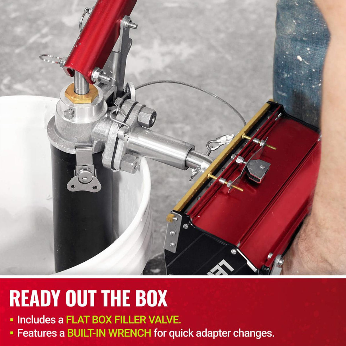 Level 5 Compound Pump with a red tube and red handle, including a filler, and black wrench