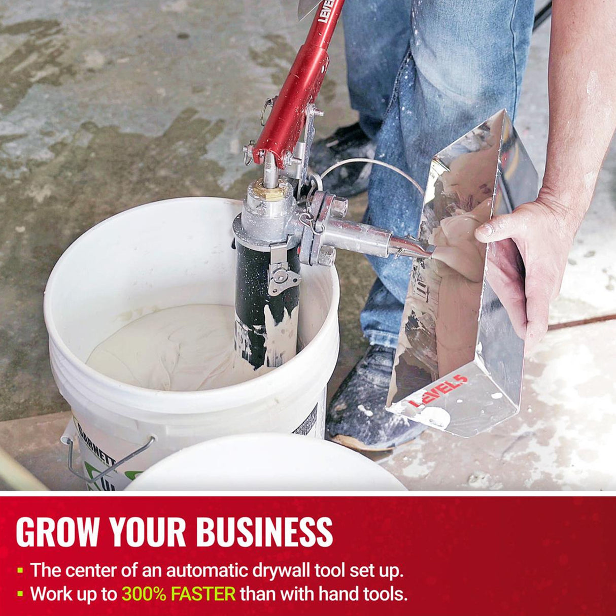 Person using Level 5 box filler attached to a compound pump to load mud from a bucket into a Level 5 mud pan