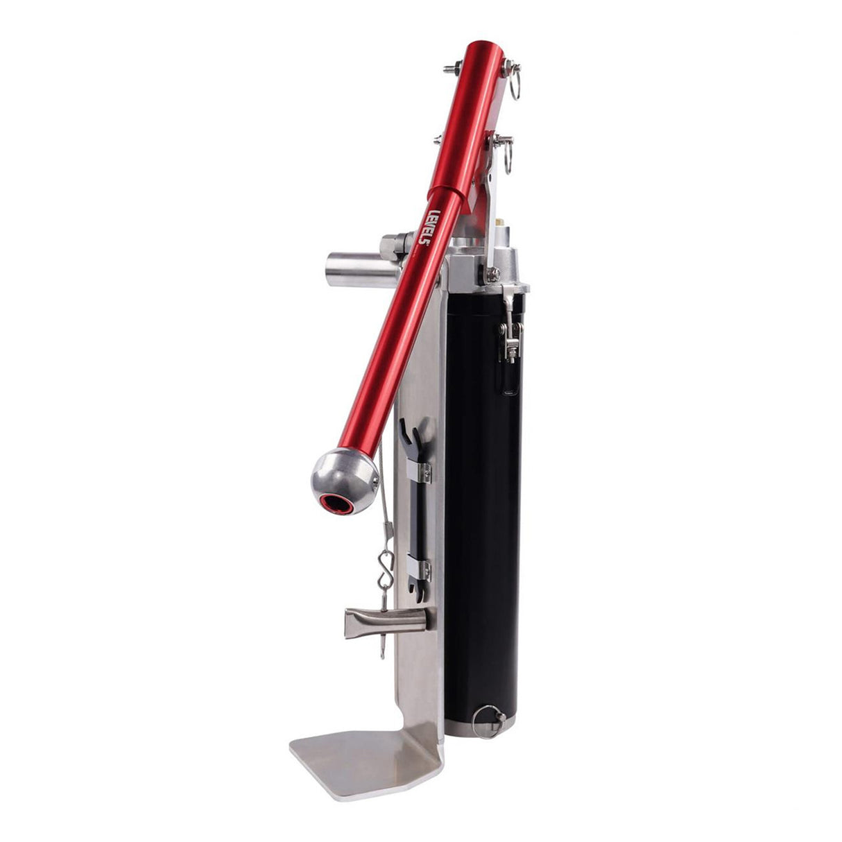 Level 5 Compound Pump with a black tube and red handle, including a filler, and black wrench, side view