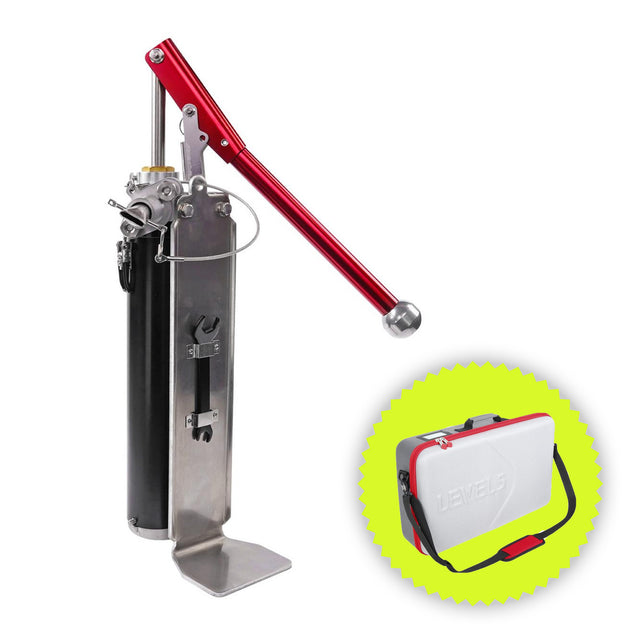 Level 5 Compound Pump with a black tube and red handle, including a filler, wrench, and bonus carrying case