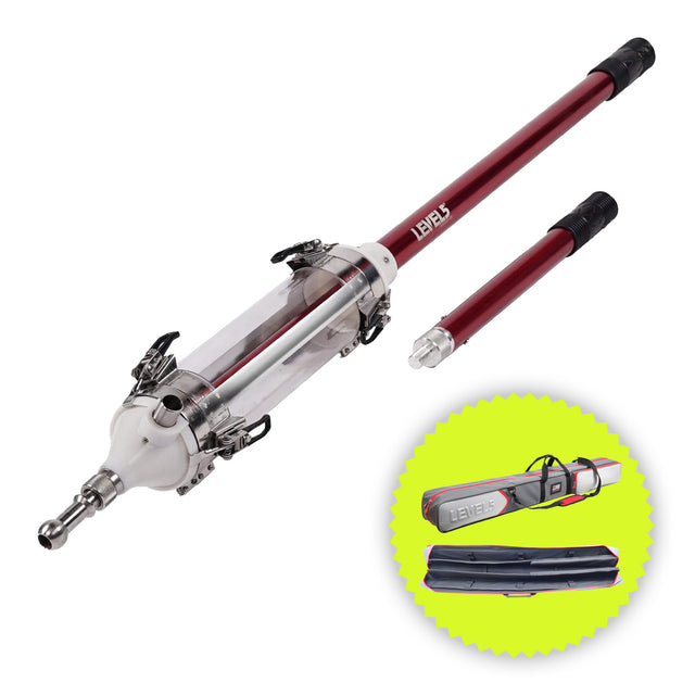 Level 5 MiniShot and Handle Extension with gas-assisted compound tube, red body, black grip, and bonus carrying case