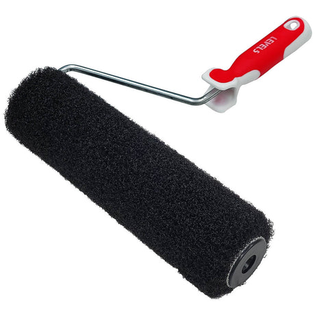 12-inch Level 5 Drywall Compound Roller with a black nap, nickle plated shank, and red and grey soft-grip handle