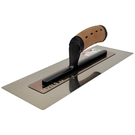 14-inch Level 5 Flat Flex Finishing Trowel with stainless steel blade, black powder coated handle mount, and non-slip leather composite grips