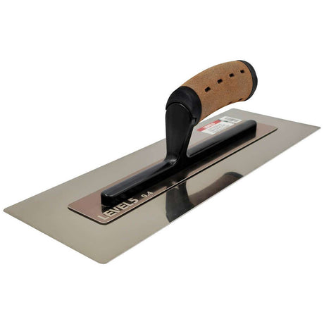 16-inch Level 5 Flat Flex Finishing Trowel with stainless steel blade, black powder coated handle mount, and non-slip leather composite grips